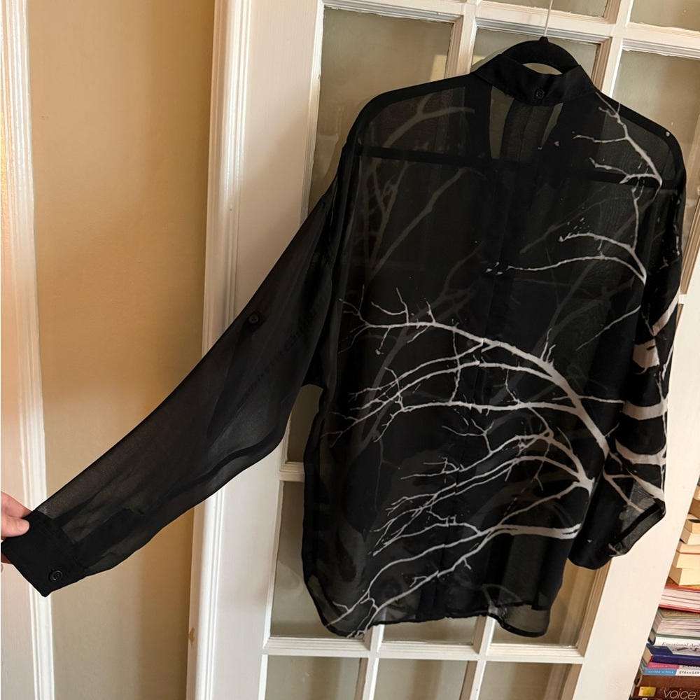 RACHEL Rachel Roy Black Sheer Button-Down Top with White Tree Branch Print - Picture 3 of 8